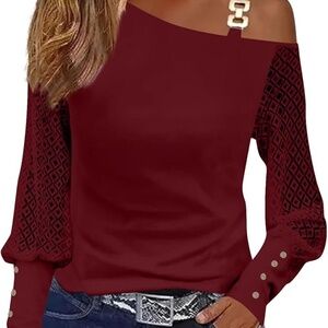Women’s off the shoulder hollow out lace puff sleeve top dressy casual size XL